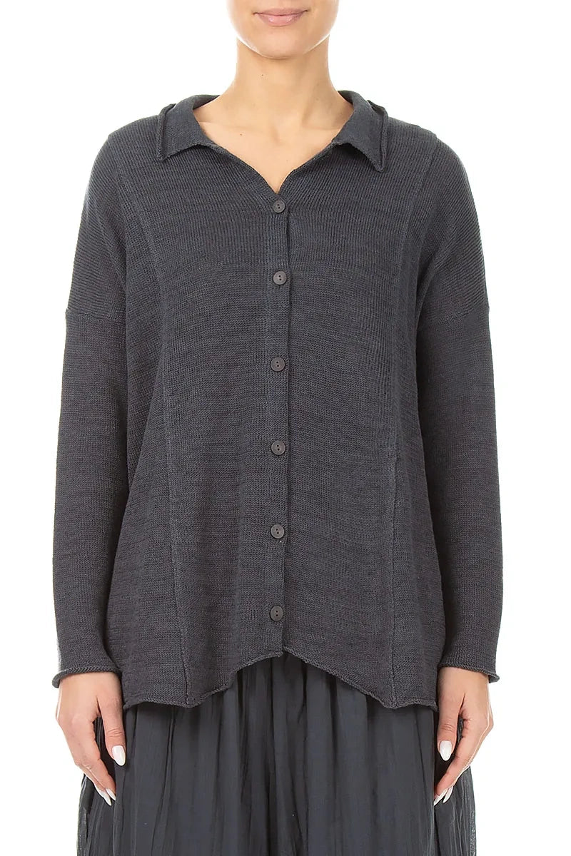Raw Collar Graphite Linen Cardigan 1
