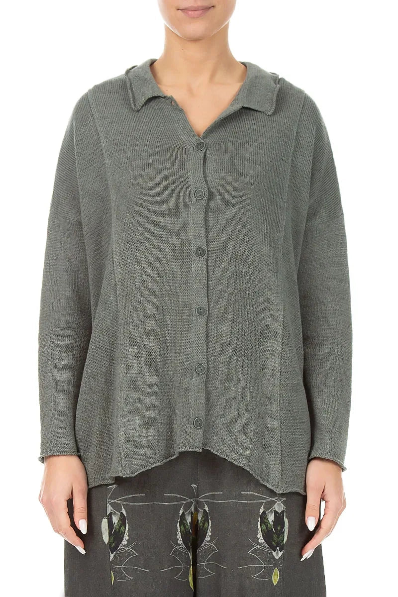 Raw Collar Grey Sage Linen Cardigan
