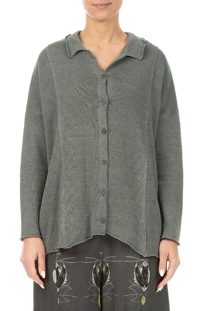 Raw Collar Grey Sage Linen Cardigan