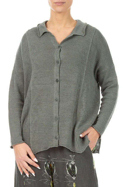 Raw Collar Grey Sage Linen Cardigan
