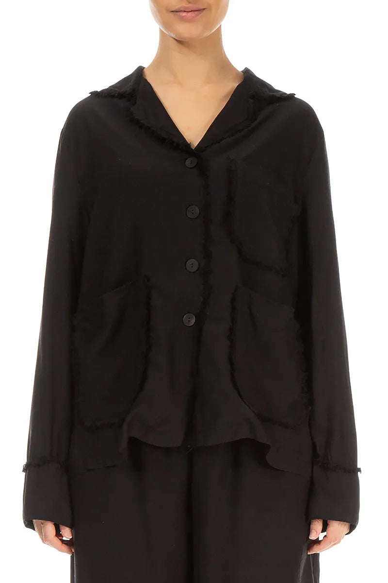 Raw Edge Three Pockets Black Silk Bamboo Jacket