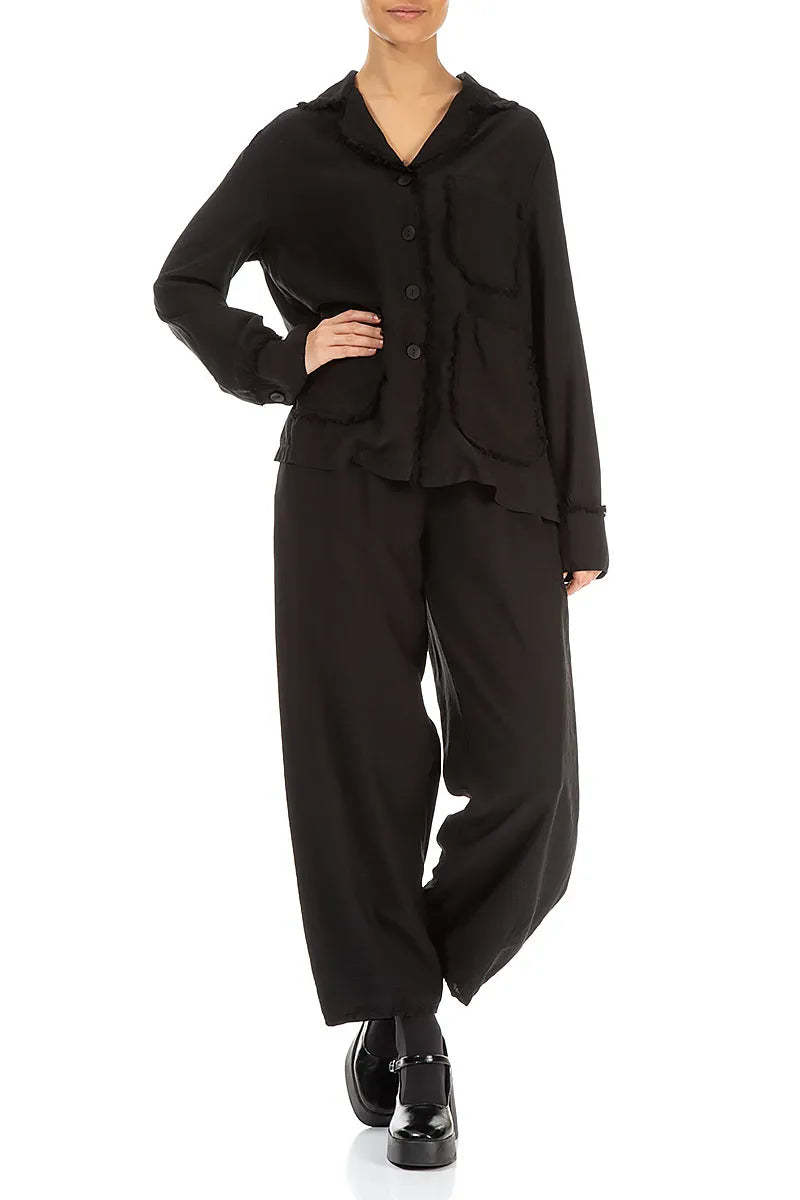 Raw Edge Three Pockets Black Silk Bamboo Jacket