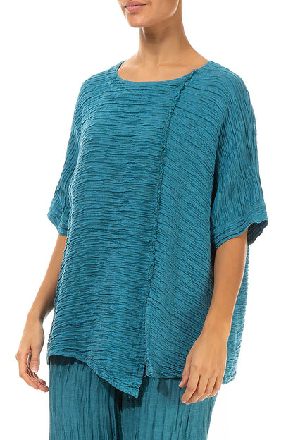Raw Seam Crinkled Turquoise Silk Blouse 3