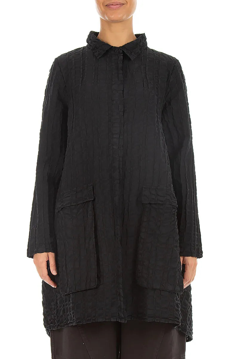 Veste décontractée à carreaux noirs en lin et coton