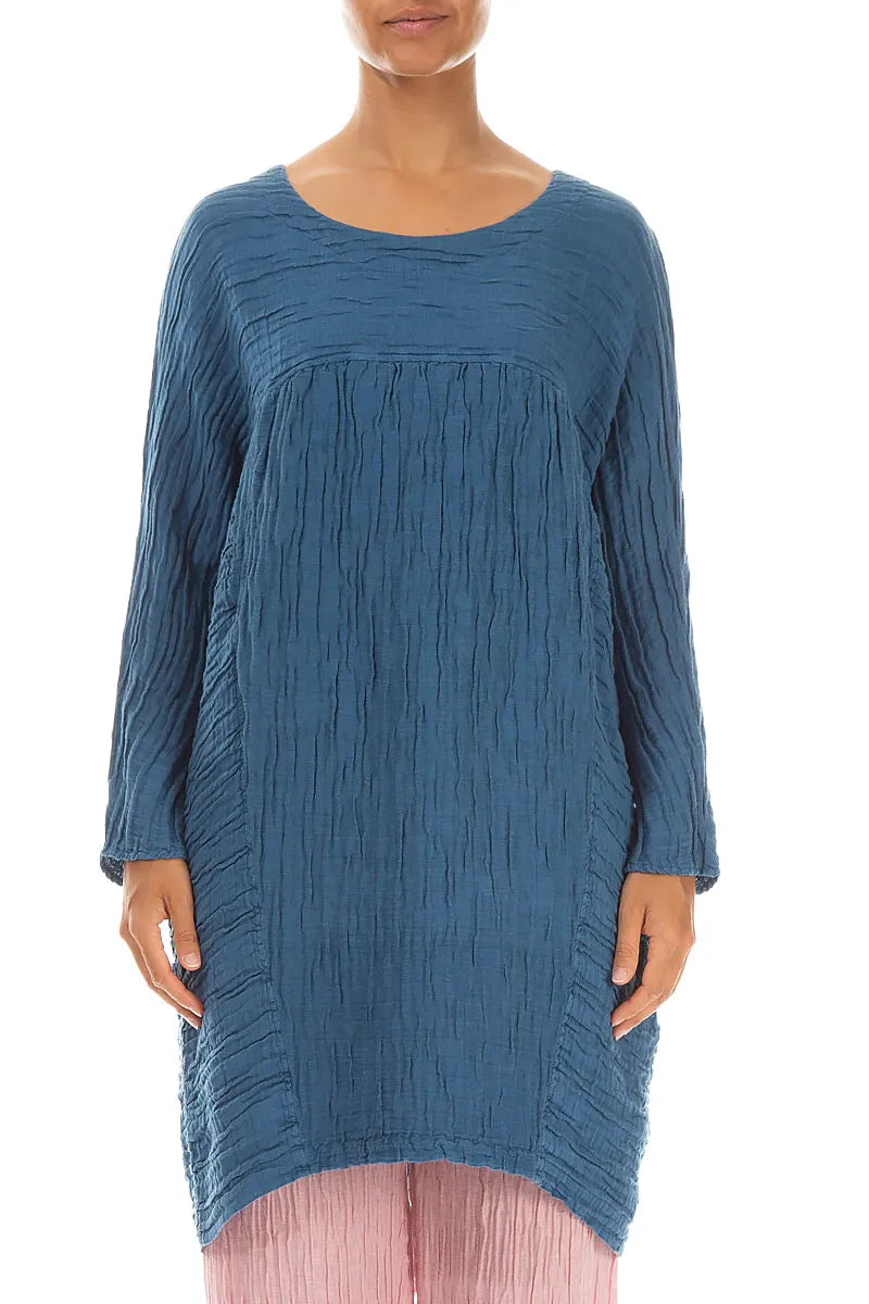 Relaxed Crinkled Denim Blue Silk Linen Tunic 1