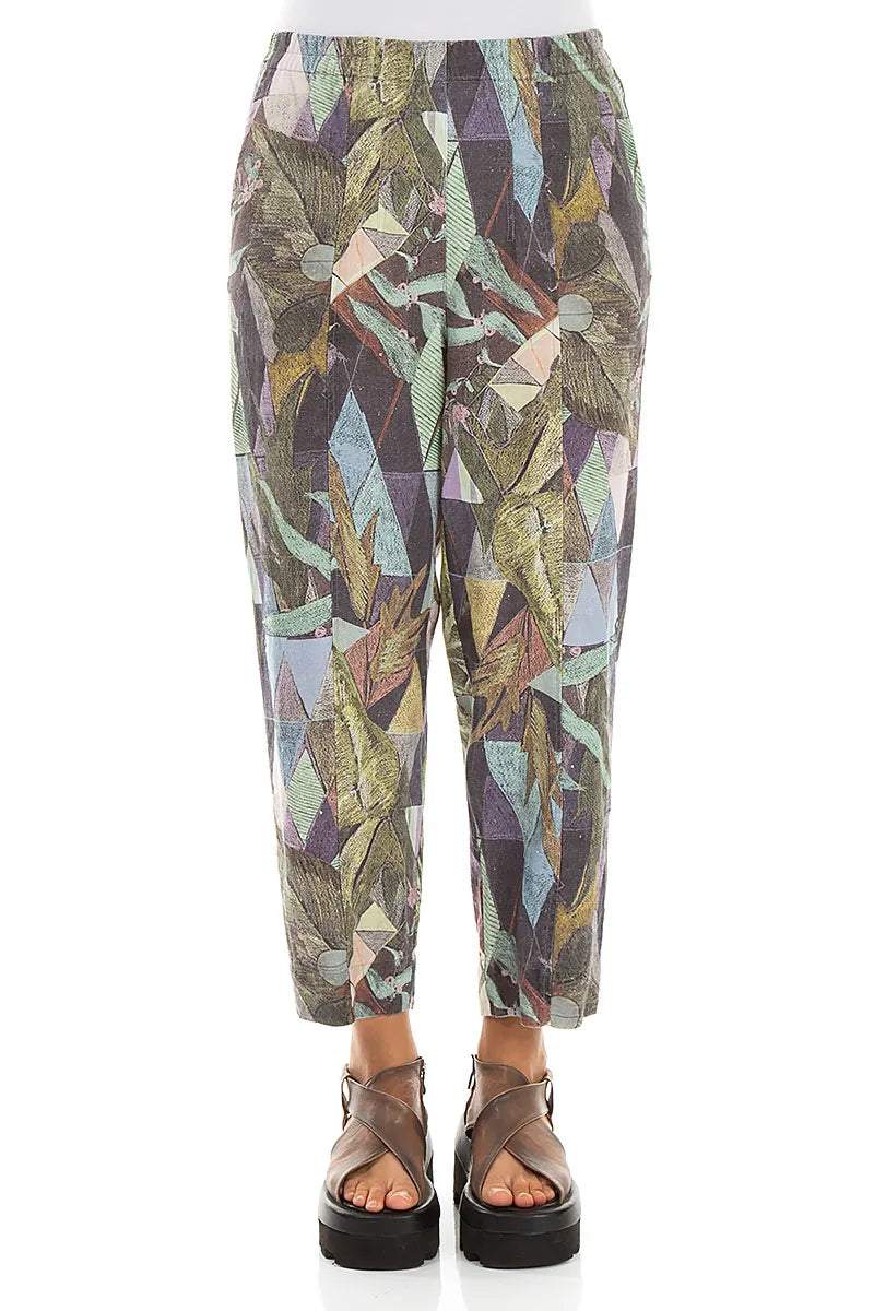 Pantalon en lin coupe décontractée fuselée motif mosaïque