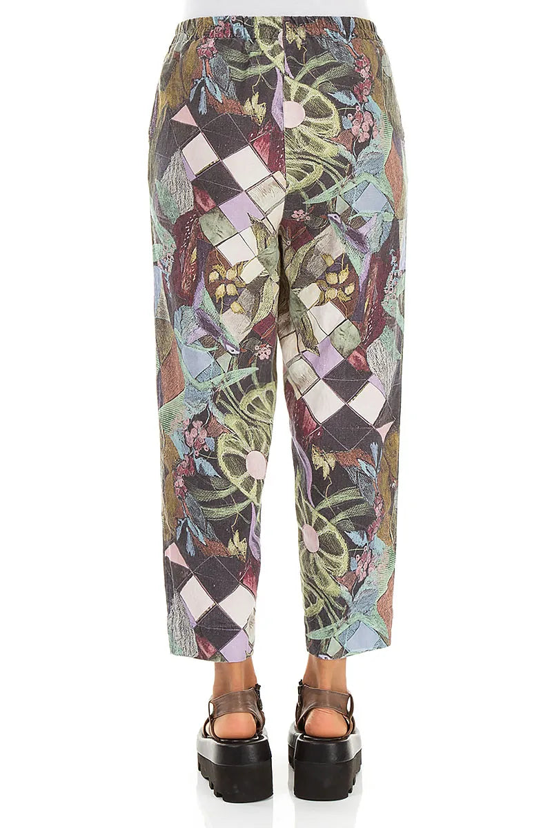 Pantalon en lin coupe décontractée fuselée motif mosaïque