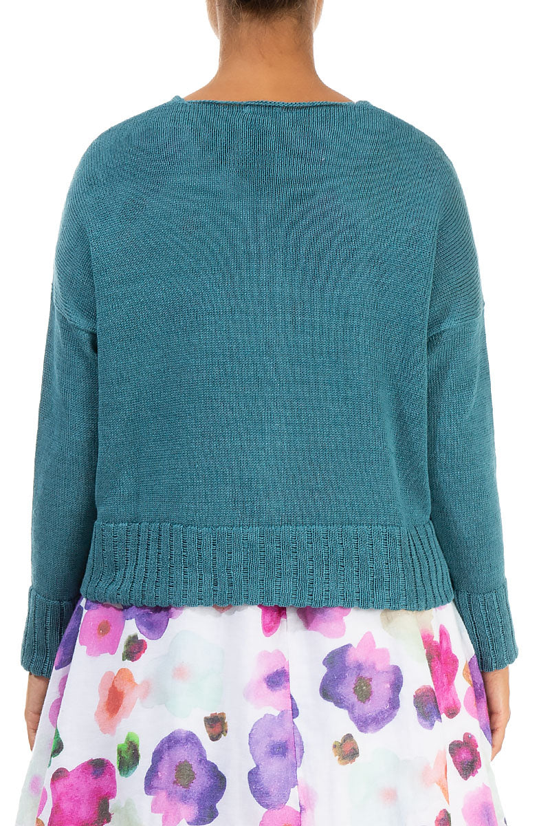 Ribbed Hem Teal Linen Cardigan 2