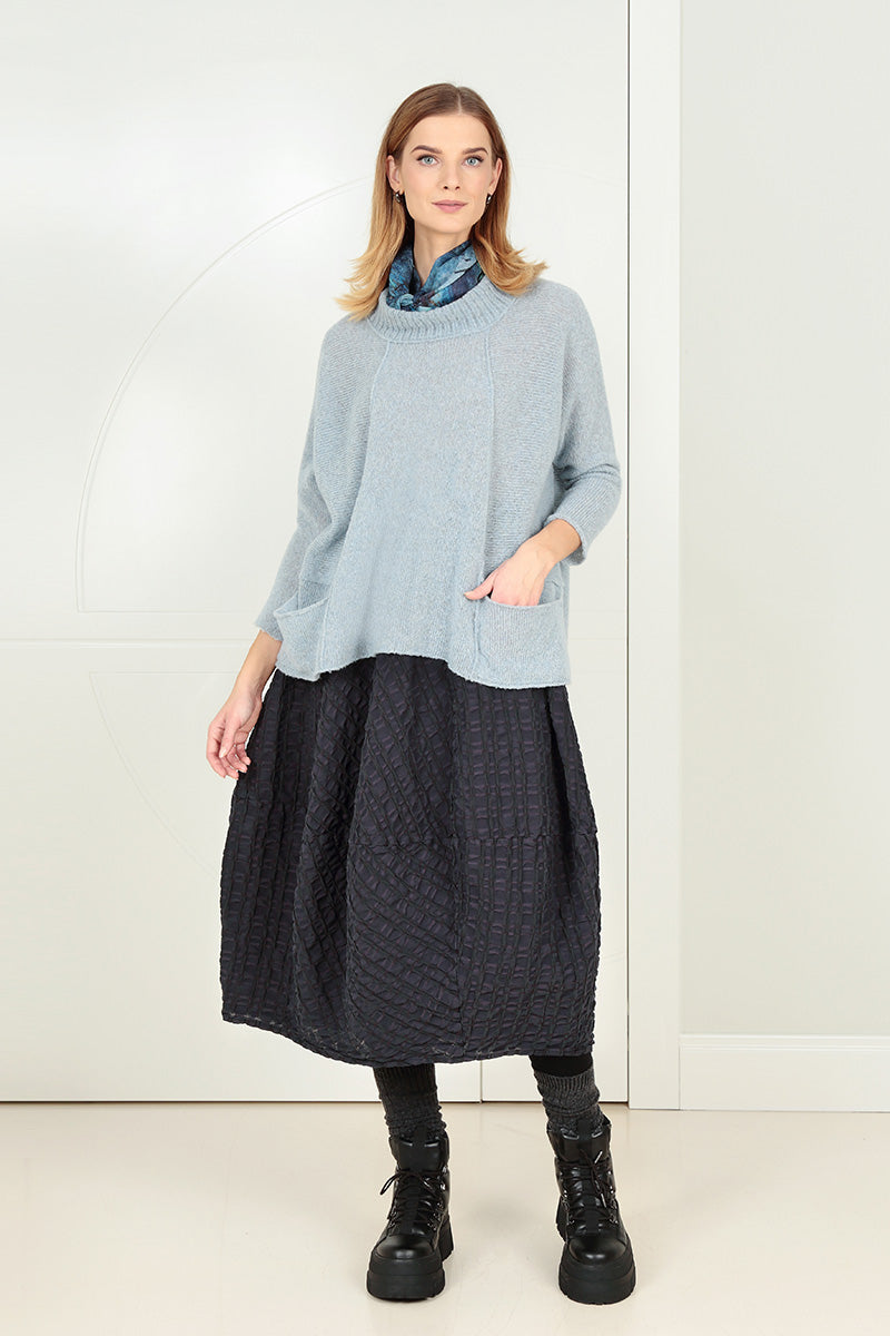 Ribbed Neck Silver Blue Wool Sweater