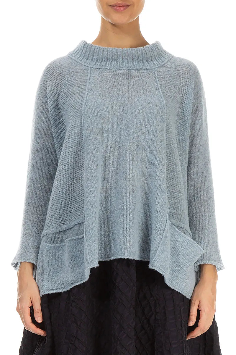 Ribbed Neck Silver Blue Wool Sweater