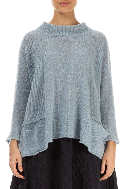 Ribbed Neck Silver Blue Wool Sweater