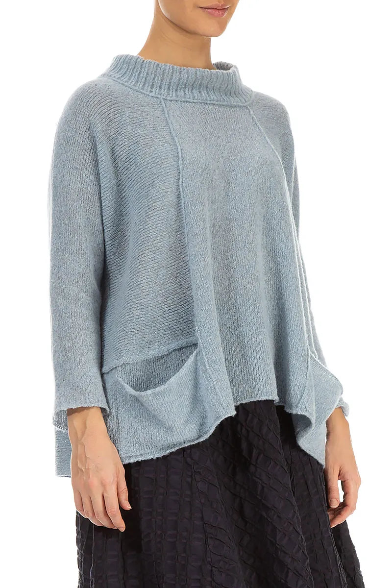 Ribbed Neck Silver Blue Wool Sweater