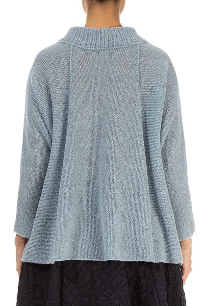 Ribbed Neck Silver Blue Wool Sweater