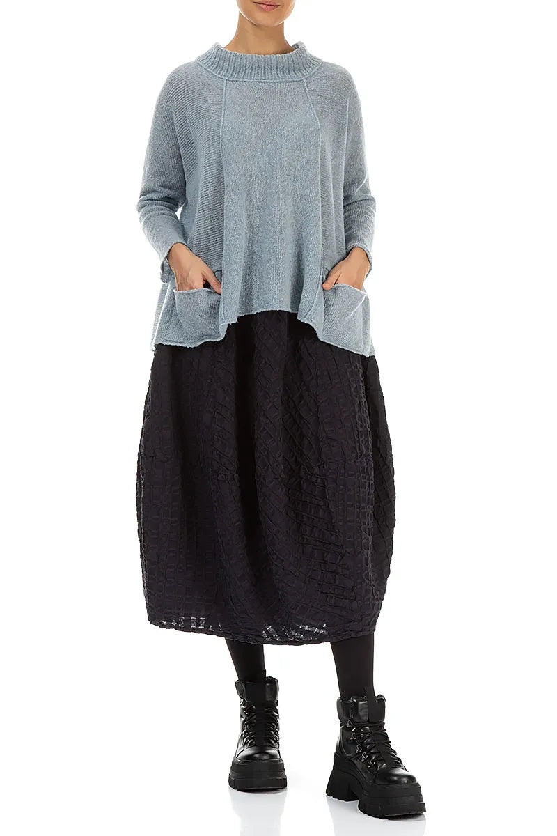 Ribbed Neck Silver Blue Wool Sweater