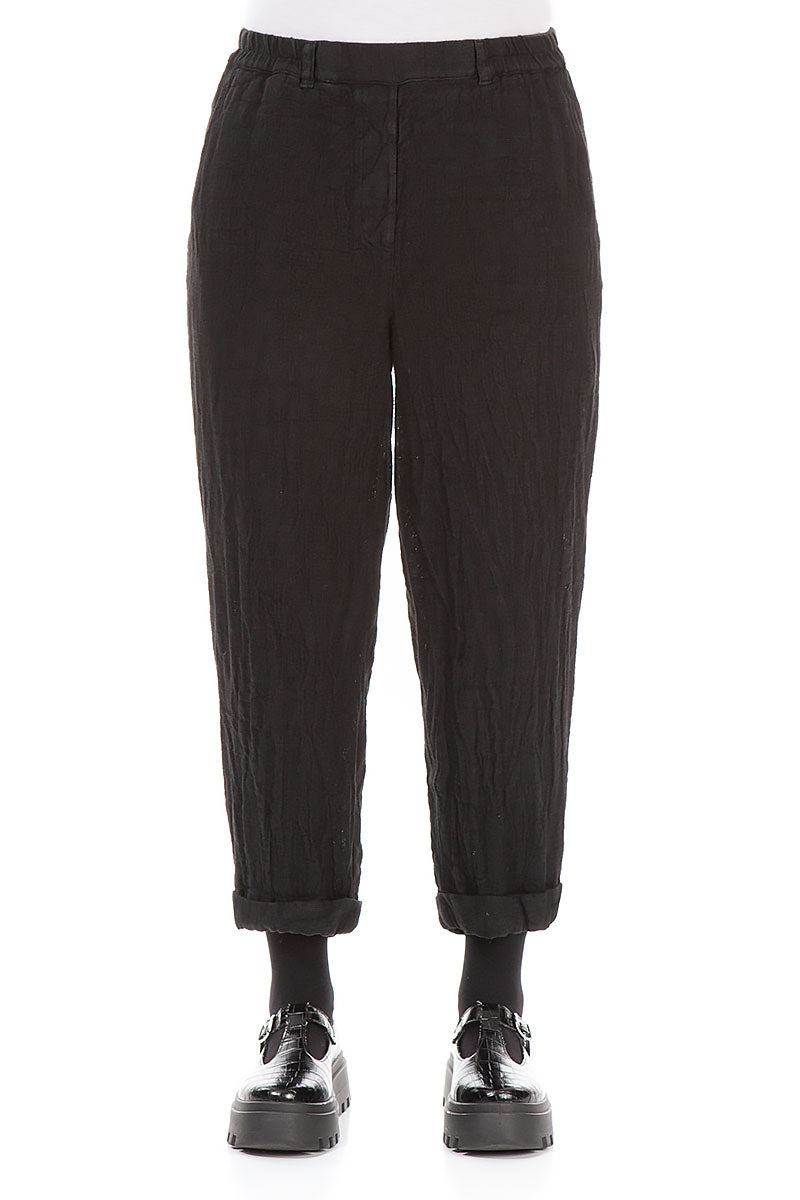 Roll Up Black Mélange Linen Trousers 1
