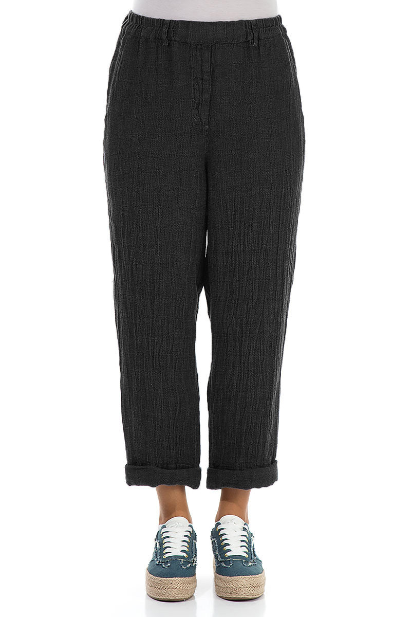 Roll Up Black Mélange Linen Trousers