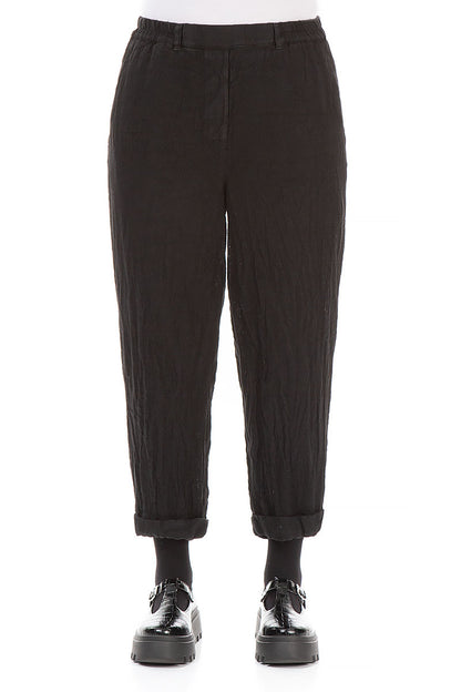 Pantalon en lin mélangé noir à revers