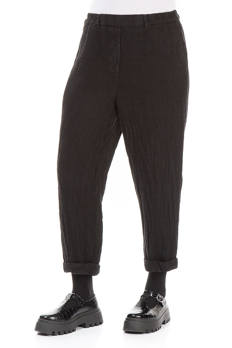 Pantalon en lin mélangé noir à revers