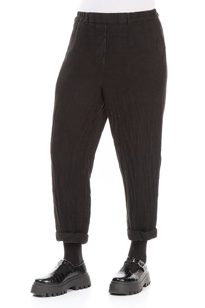 Pantalon en lin mélangé noir à revers