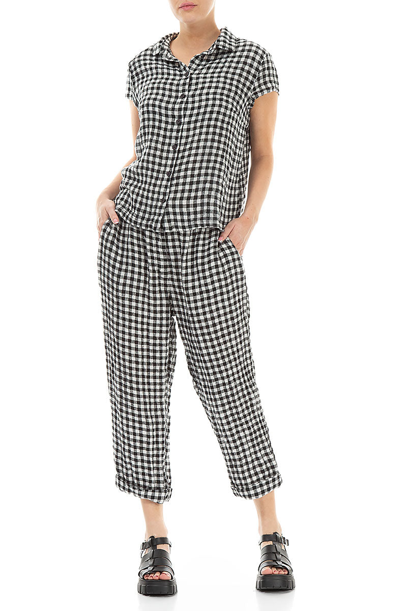 Roll Up Black &amp; White Check Linen Trousers 4