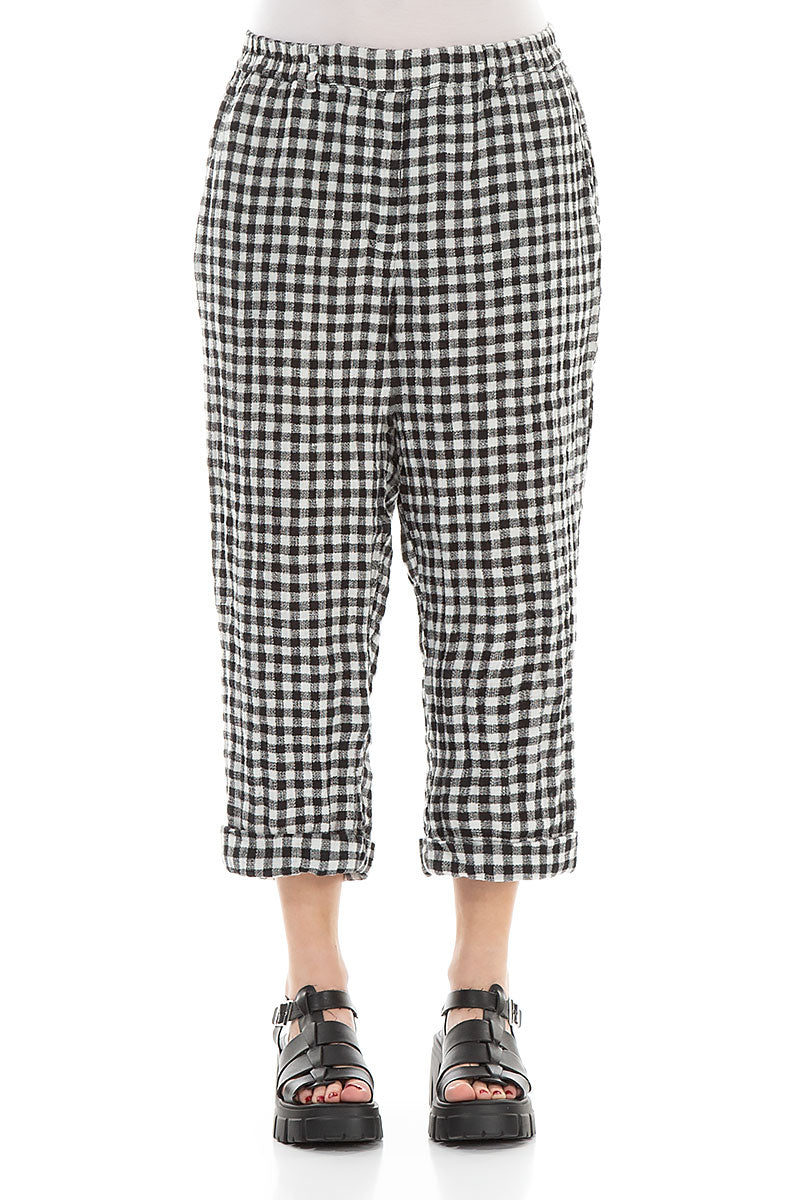 Roll Up Black &amp; White Check Linen Trousers 1