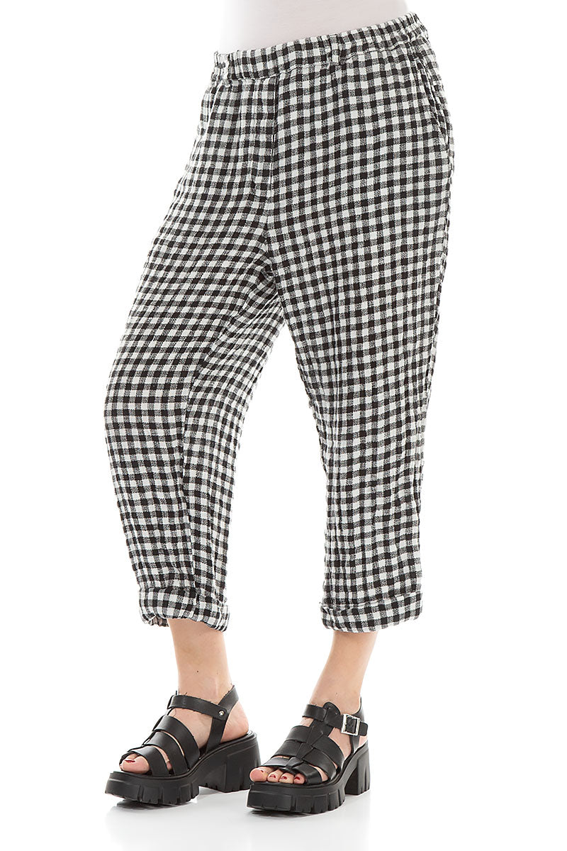 Roll Up Black &amp; White Check Linen Trousers 3