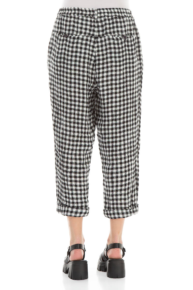 Roll Up Black &amp; White Check Linen Trousers 2