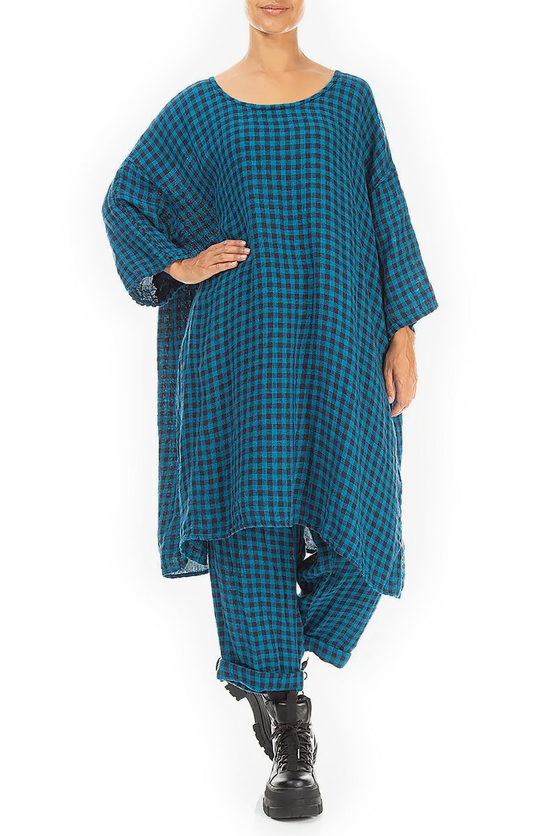 Roll Up Blue Check Linen Trousers 4