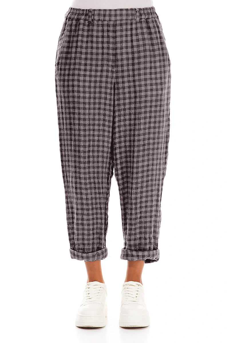 Roll Up Lilac Grey Check Linen Trousers 1