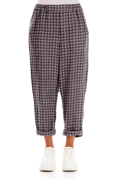 Roll Up Lilac Grey Check Linen Trousers 1
