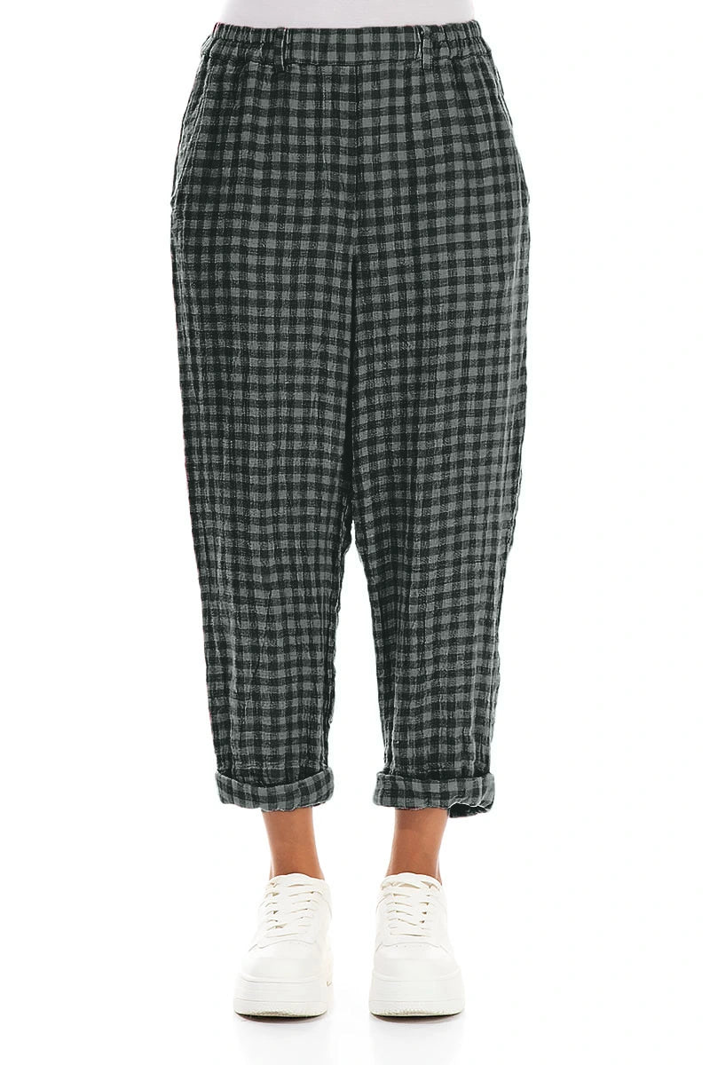 Pantalon en lin à carreaux sauge retroussable