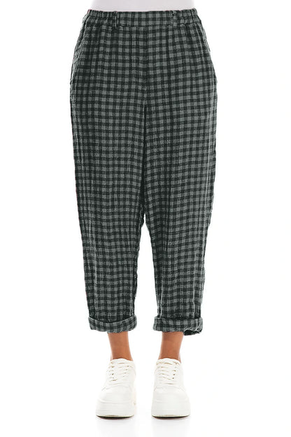 Pantalon en lin à carreaux sauge retroussable