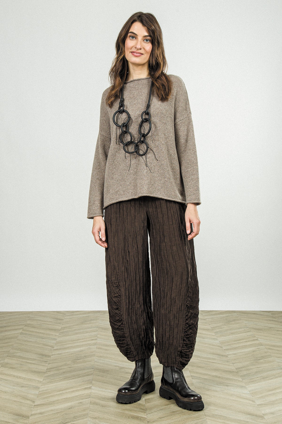 Rolled Edge Beige Cashmere Sweater 1
