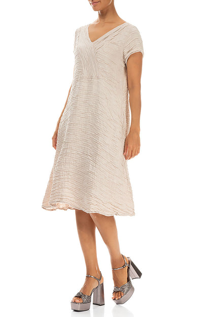 Romantic Beige Crinkled Silk Linen Dress 3