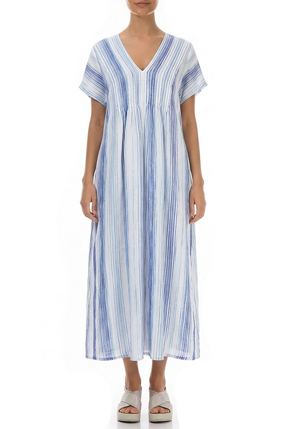 Romantic Blue Wash Stripe Linen Dress