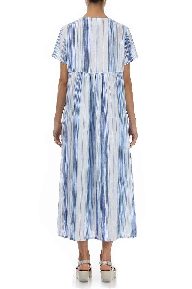 Romantic Blue Wash Stripe Linen Dress