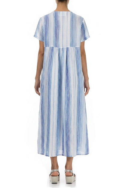 Romantic Blue Wash Stripe Linen Dress