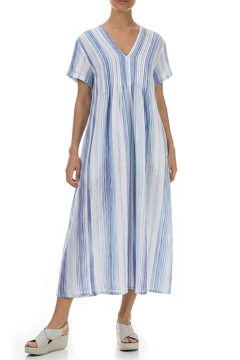 Romantic Blue Wash Stripe Linen Dress
