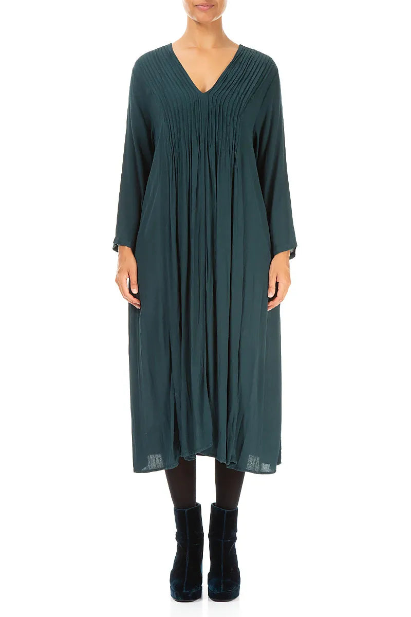 Romantisches smaragdgrünes, geknittertes Viskosekleid