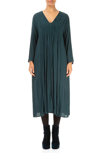 Romantisches smaragdgrünes, geknittertes Viskosekleid