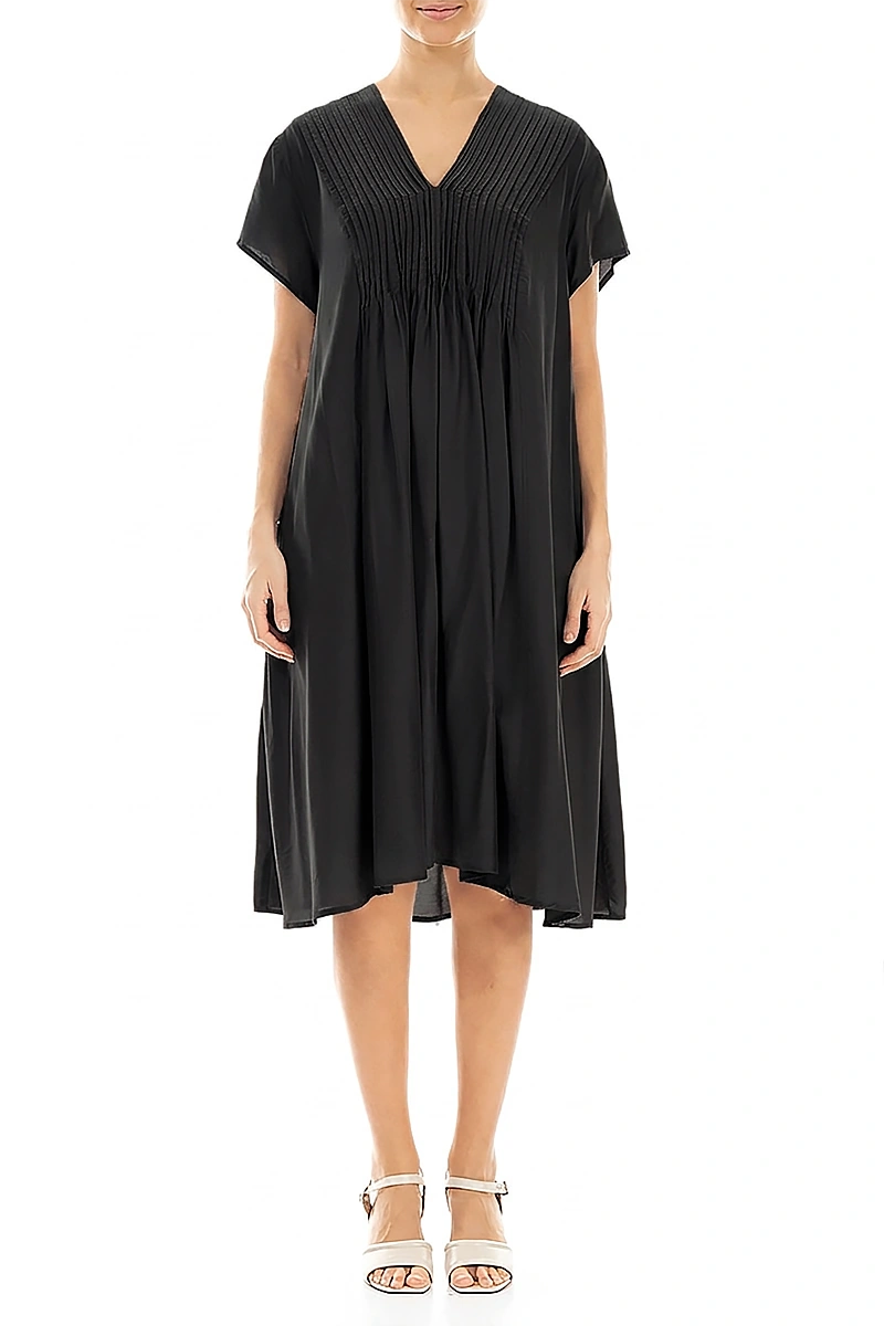 Robe Romantique Noire en Soie de Bambou à Plis Décoratifs sur le Devant