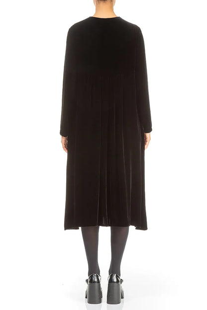 Romantic Long Sleeve V-Neck Black Silk Velvet Dress 2