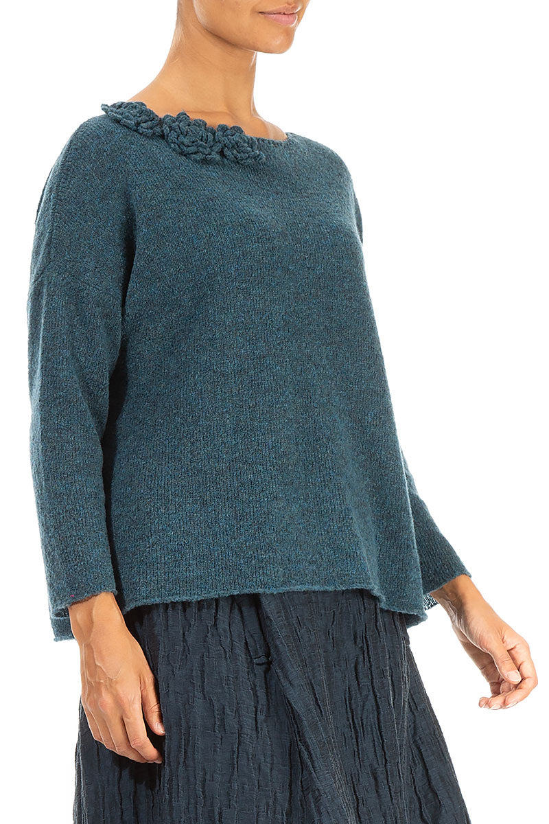 Rosette Teal Wool Sweater 3