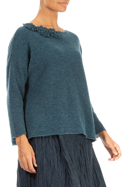 Rosette Teal Wool Sweater 3
