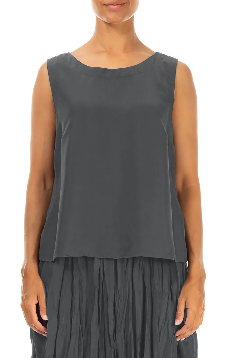 Round Boat Neck Graphite Blue Silk Top