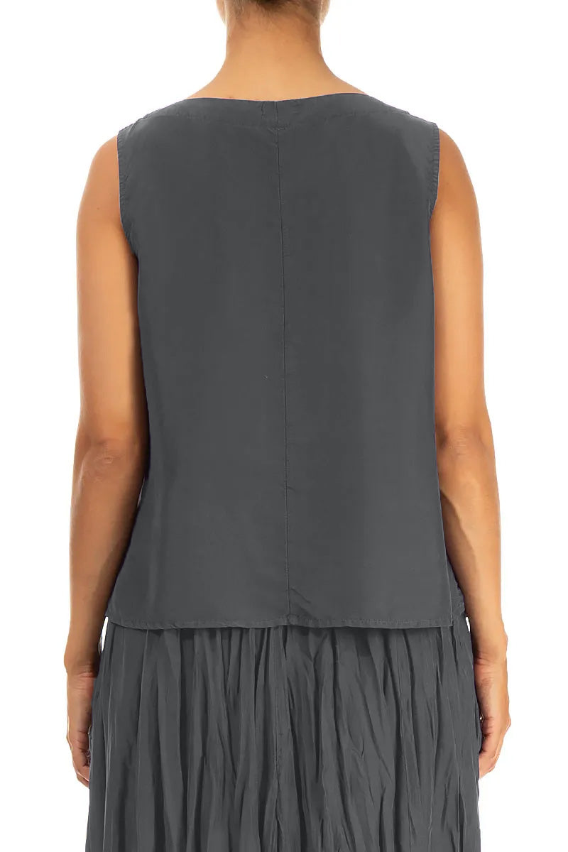 Round Boat Neck Graphite Blue Silk Top