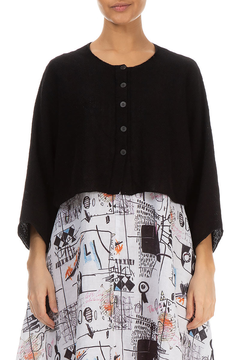 Rounded Black Linen Cardigan 1