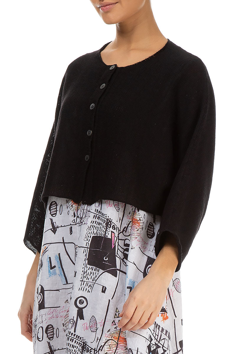 Rounded Black Linen Cardigan 3
