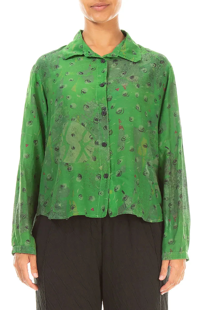 Rounded Hem Shamrock Green Meadow Silk Cotton Shirt 1