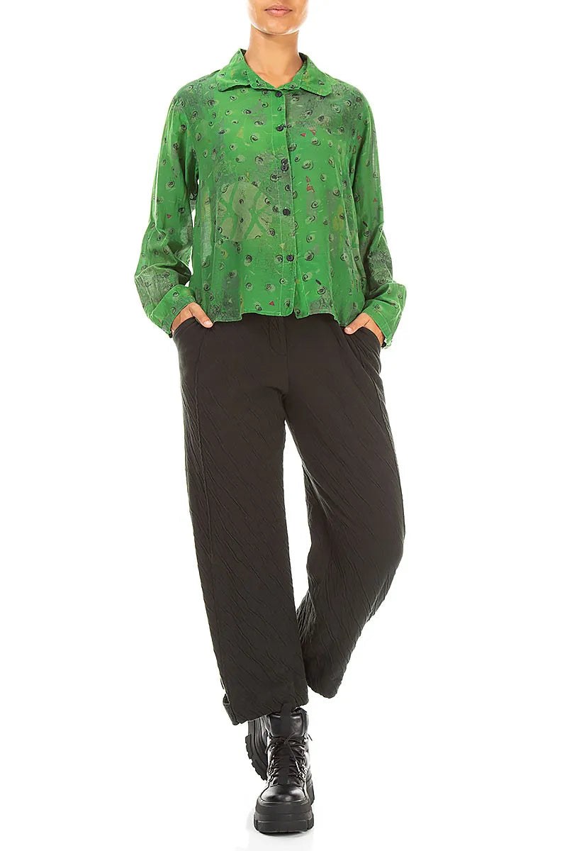 Rounded Hem Shamrock Green Meadow Silk Cotton Shirt 4